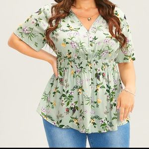 Floral Print Half Zipper Shirred Ruffles Blouse
